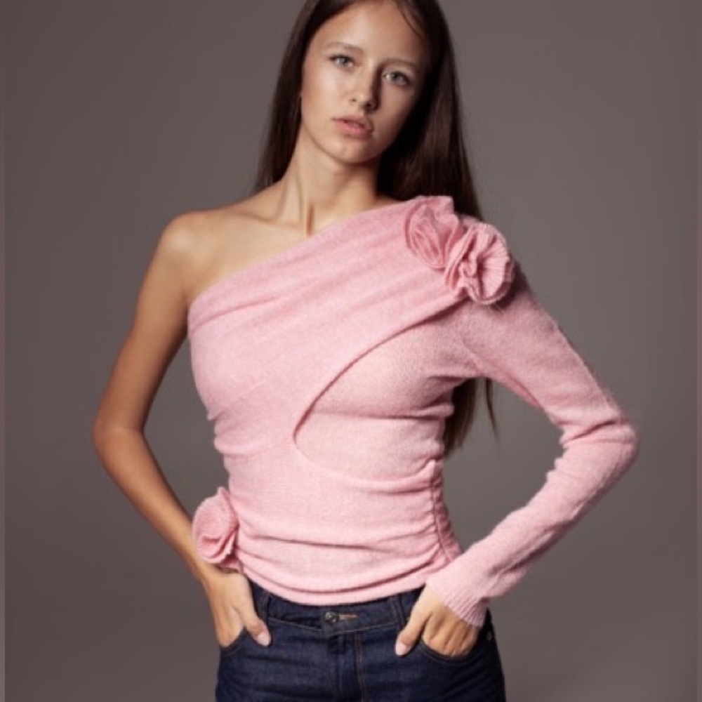Zara Pink One-Shoulder Off-the-Shoulder Sweater with Rosette Details